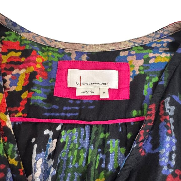 Anthropologie Black Floral Abstract Midi Dress | Size M | V-Neck Elastic Waist - Picture 6 of 9